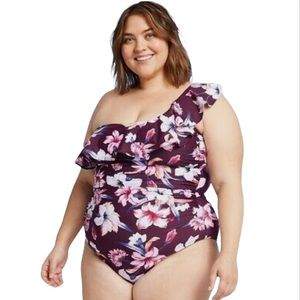 Kona Sol Floral Ruffle Shoulder One Piece Swimsuit Size 16W NWT